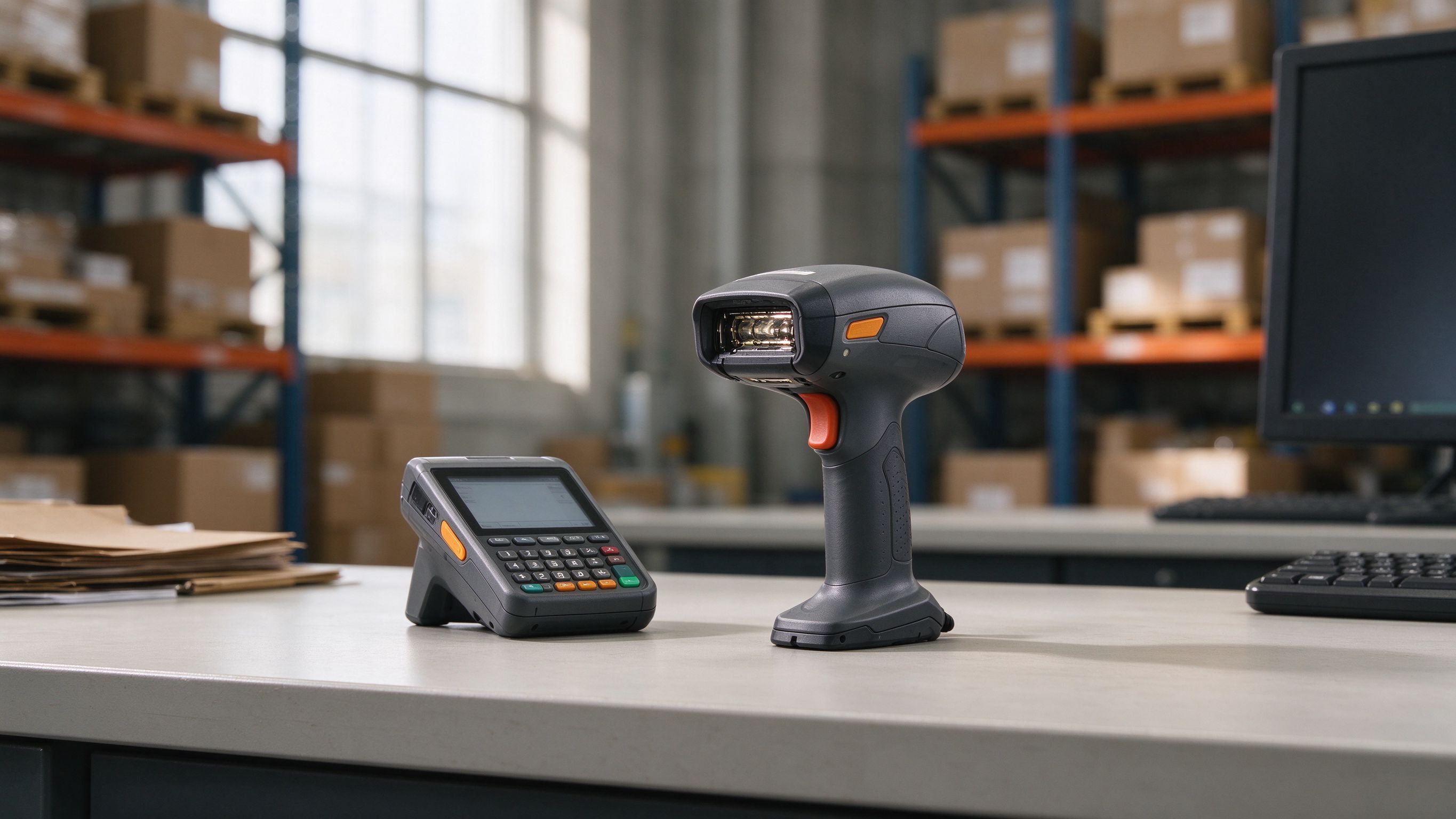 Barcode scanners and a data terminal on a warehouse desk