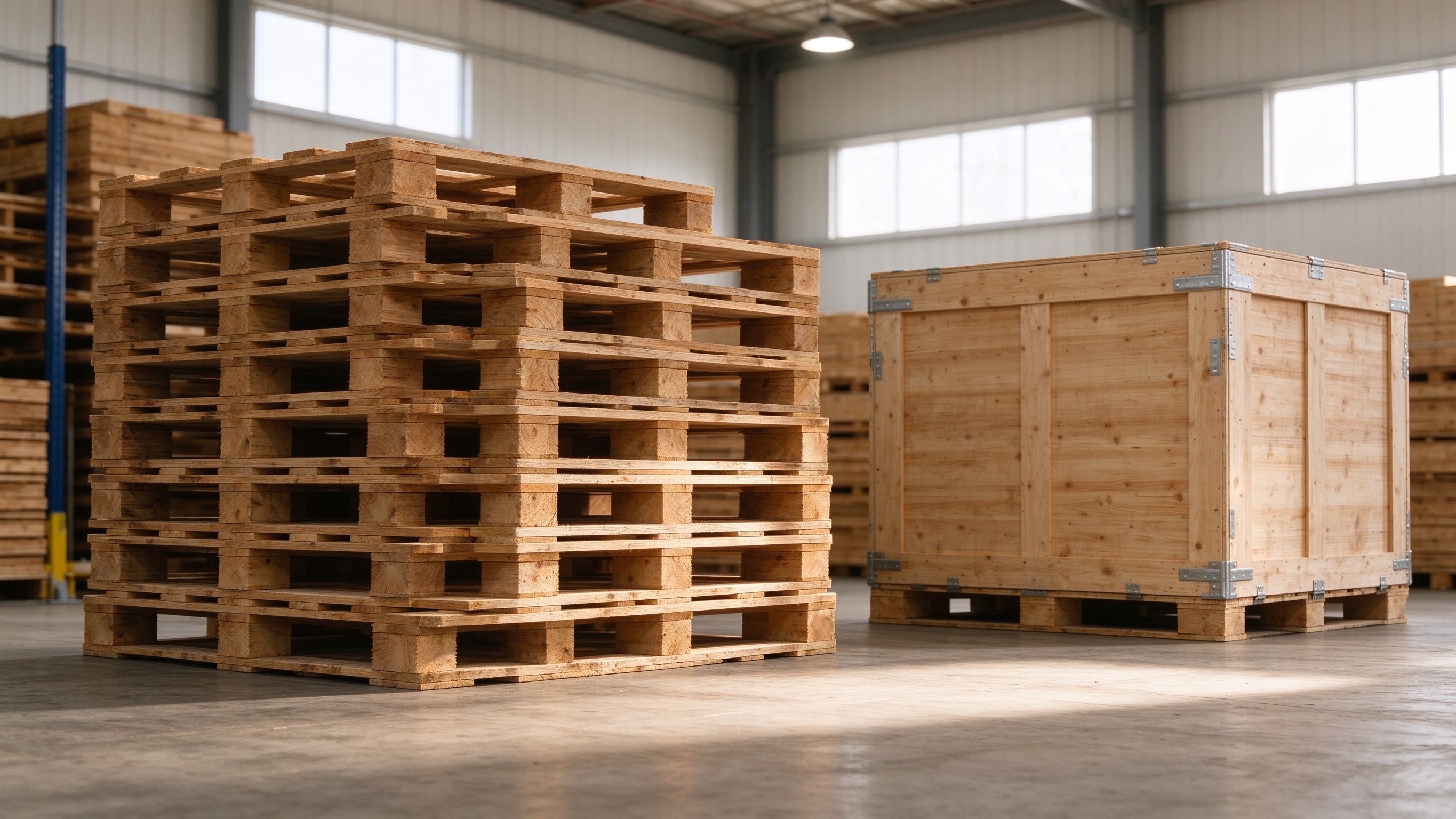 Wooden pallets and an export crate in a clean storage facility
