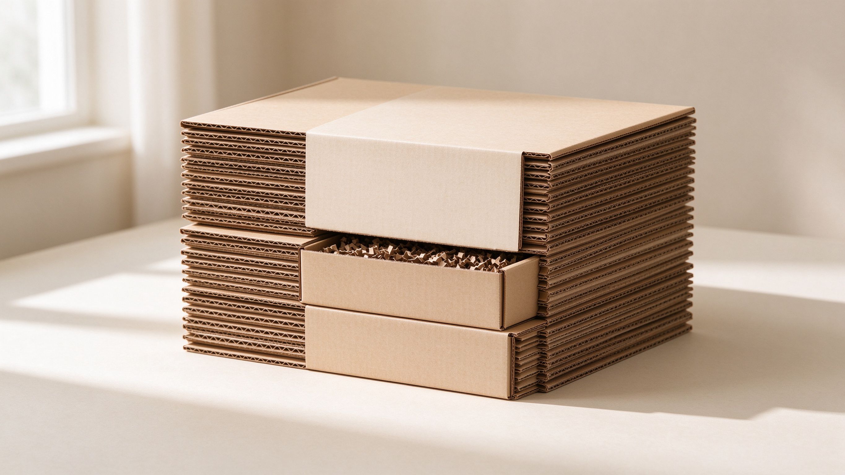 Custom corrugated packaging boxes in a clean studio