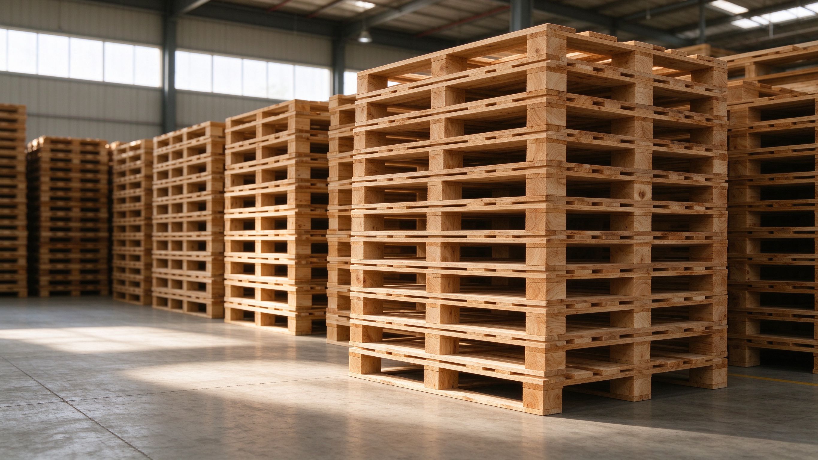 Stacked wooden pallets in a bright warehouse