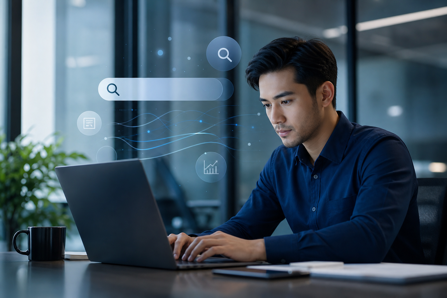 SEO specialist analysing search visibility and AI SEO strategy on a laptop