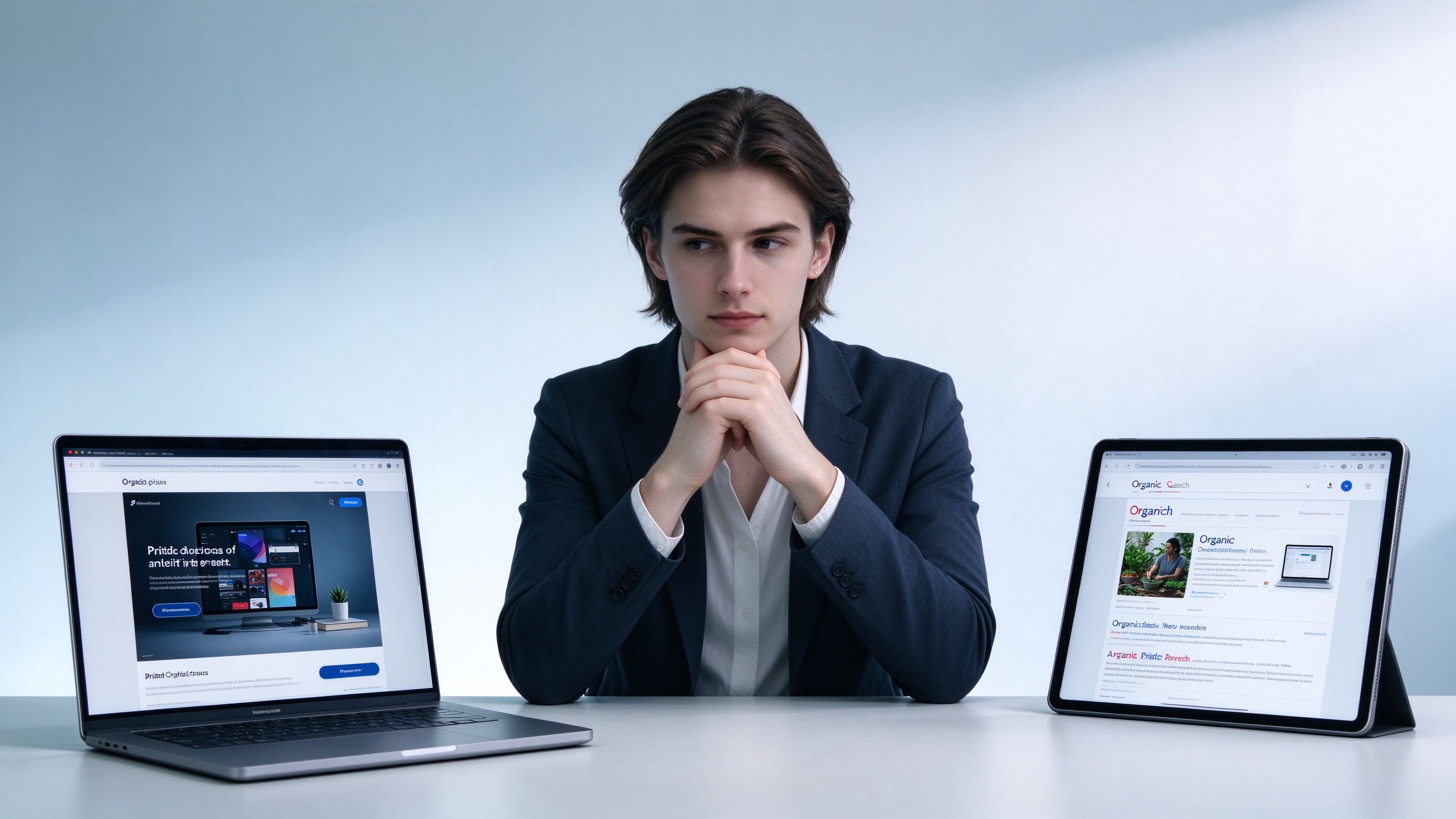 A professional comparing a sponsored ad and organic search results side by side, weighing Google Ads against SEO