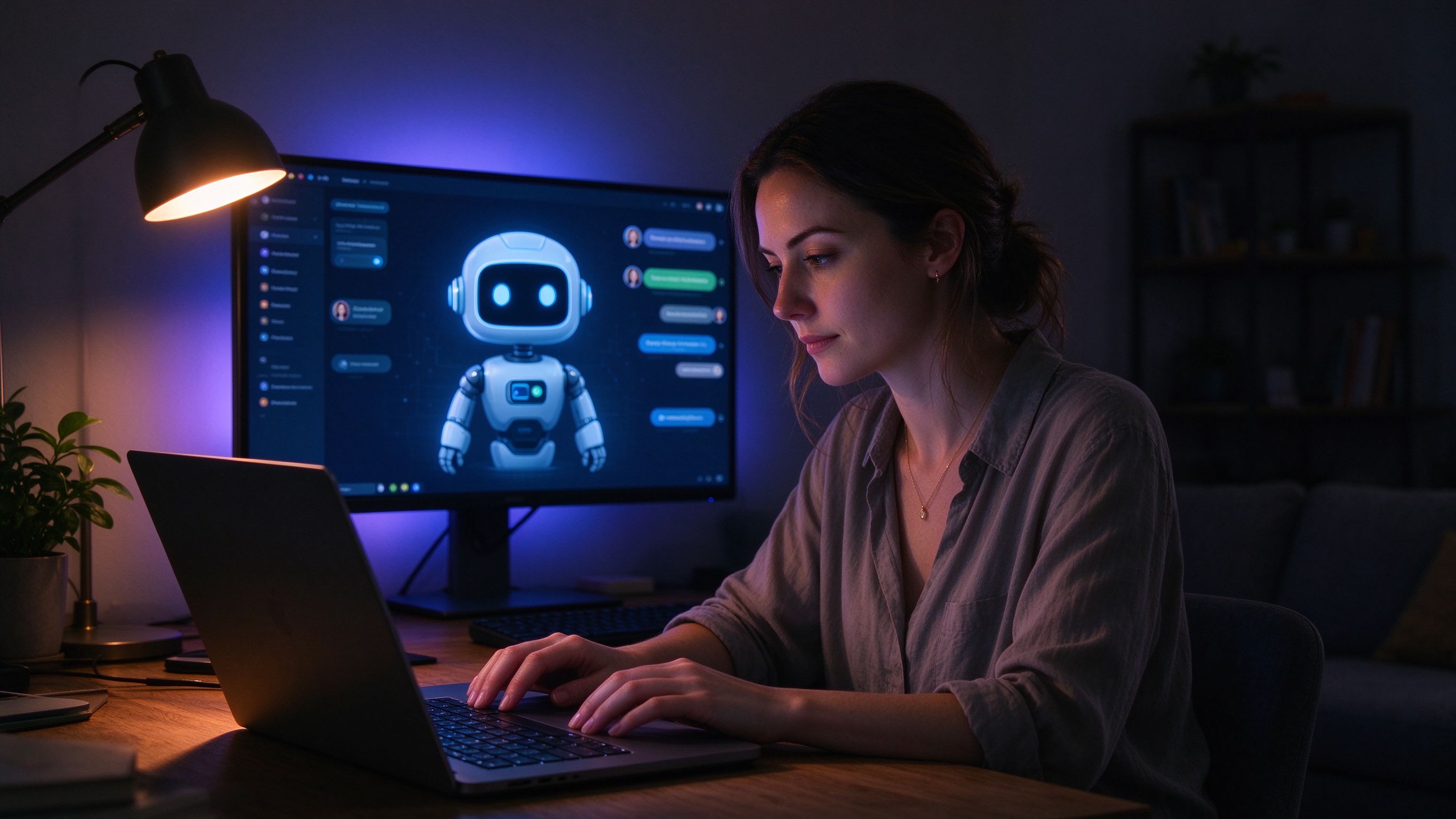 A woman working with an AI chatbot interface glowing on screen at night, representing AI search and AI SEO