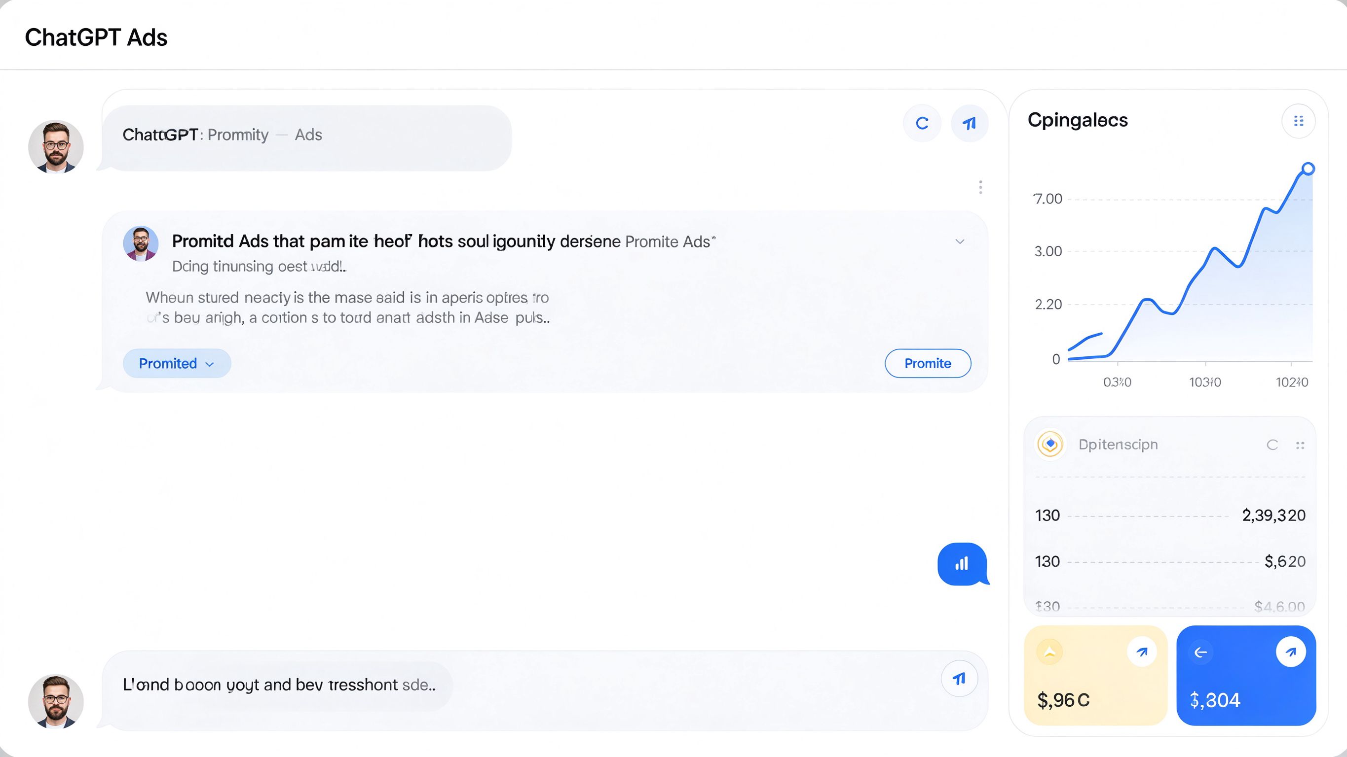 ChatGPT Ads platform dashboard with a chat conversation and an ad slot, representing advertising inside ChatGPT answers