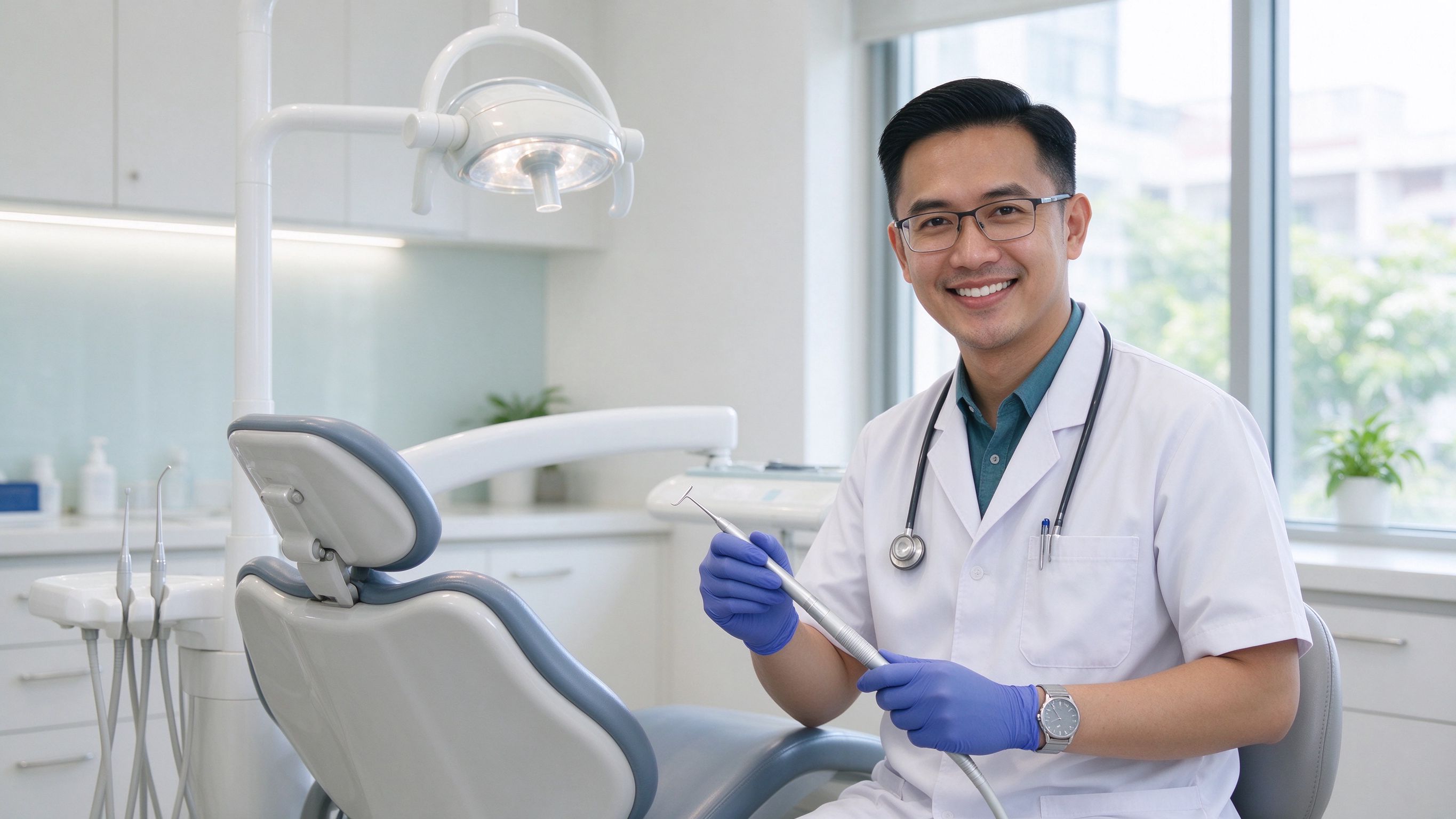 A Malaysian dentist smiling in a modern bright dental clinic