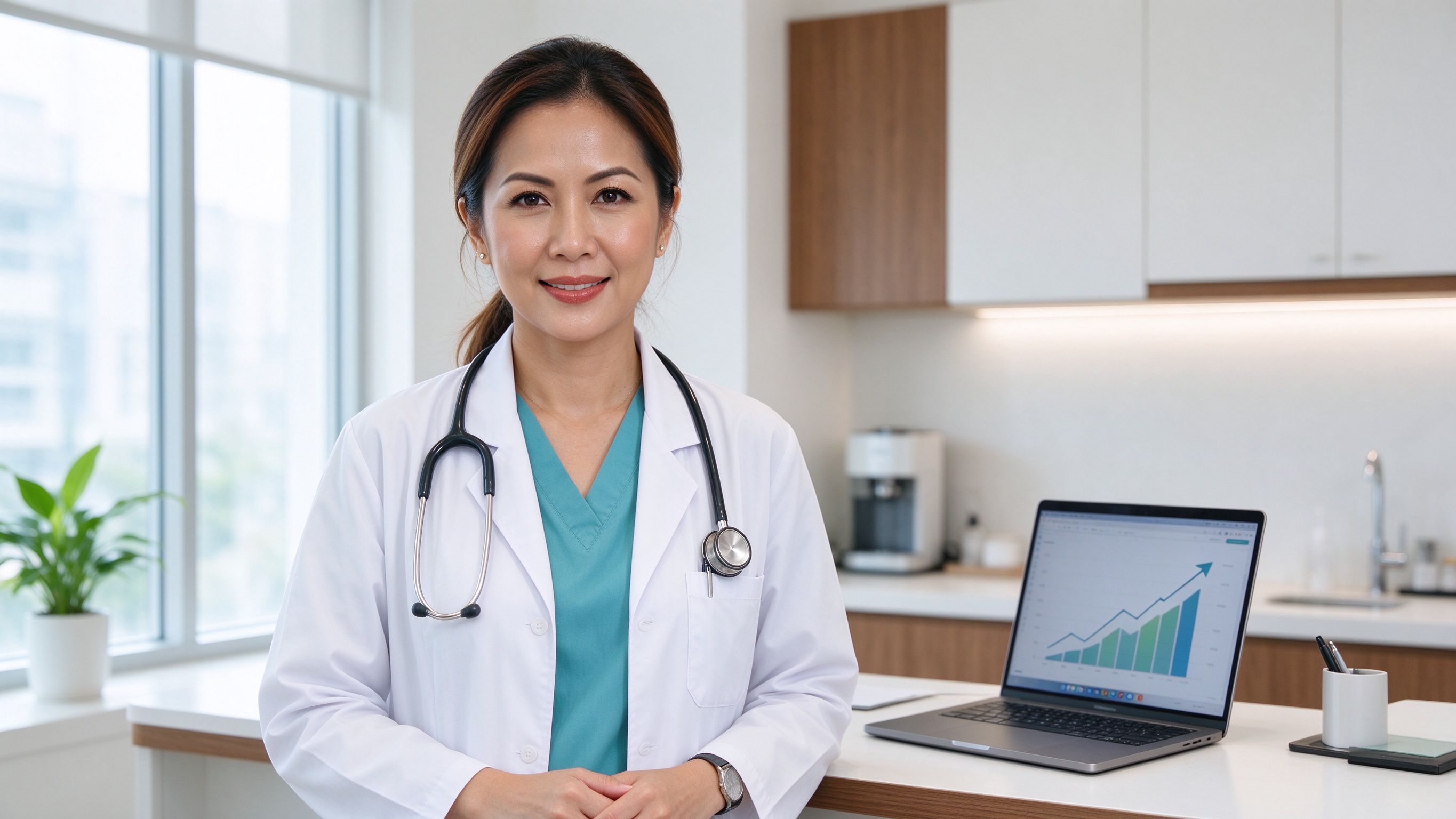 A Malaysian specialist doctor at her consult desk with a laptop in a bright modern clinic
