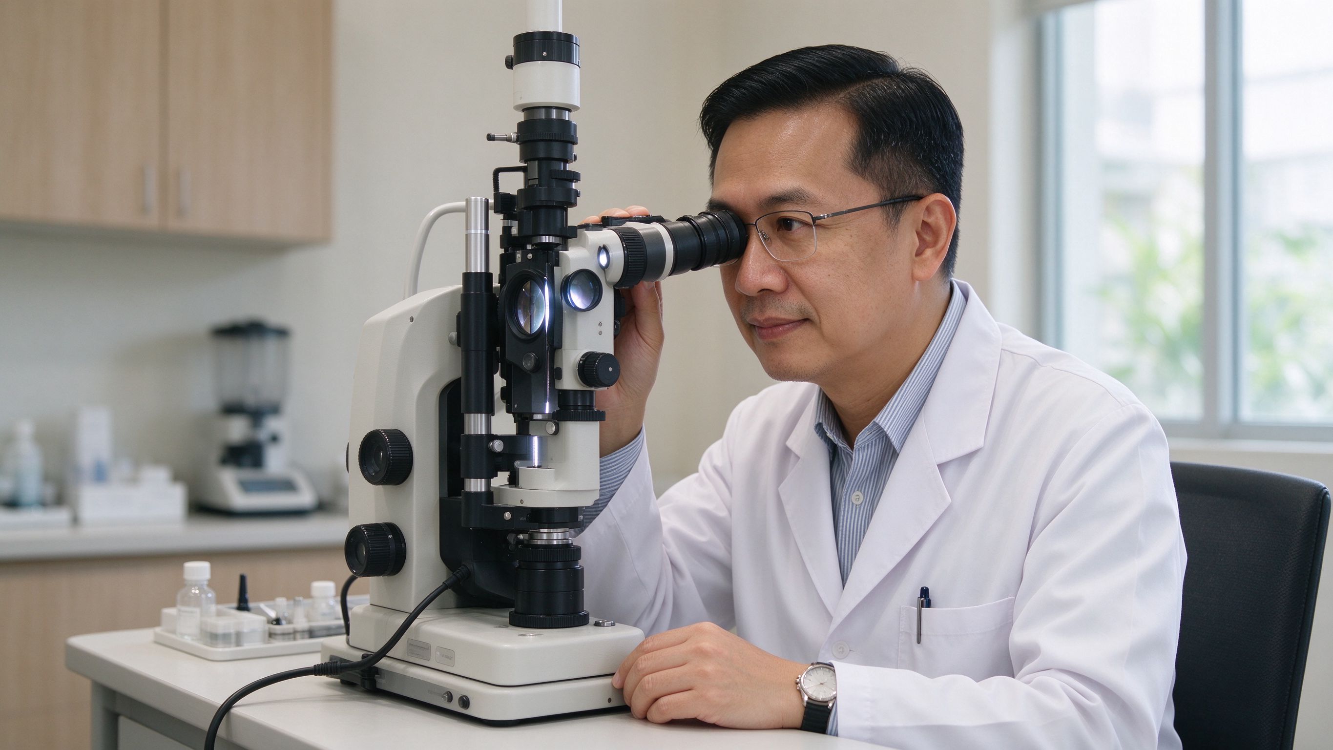 A Malaysian ophthalmologist performing an eye examination with a slit lamp