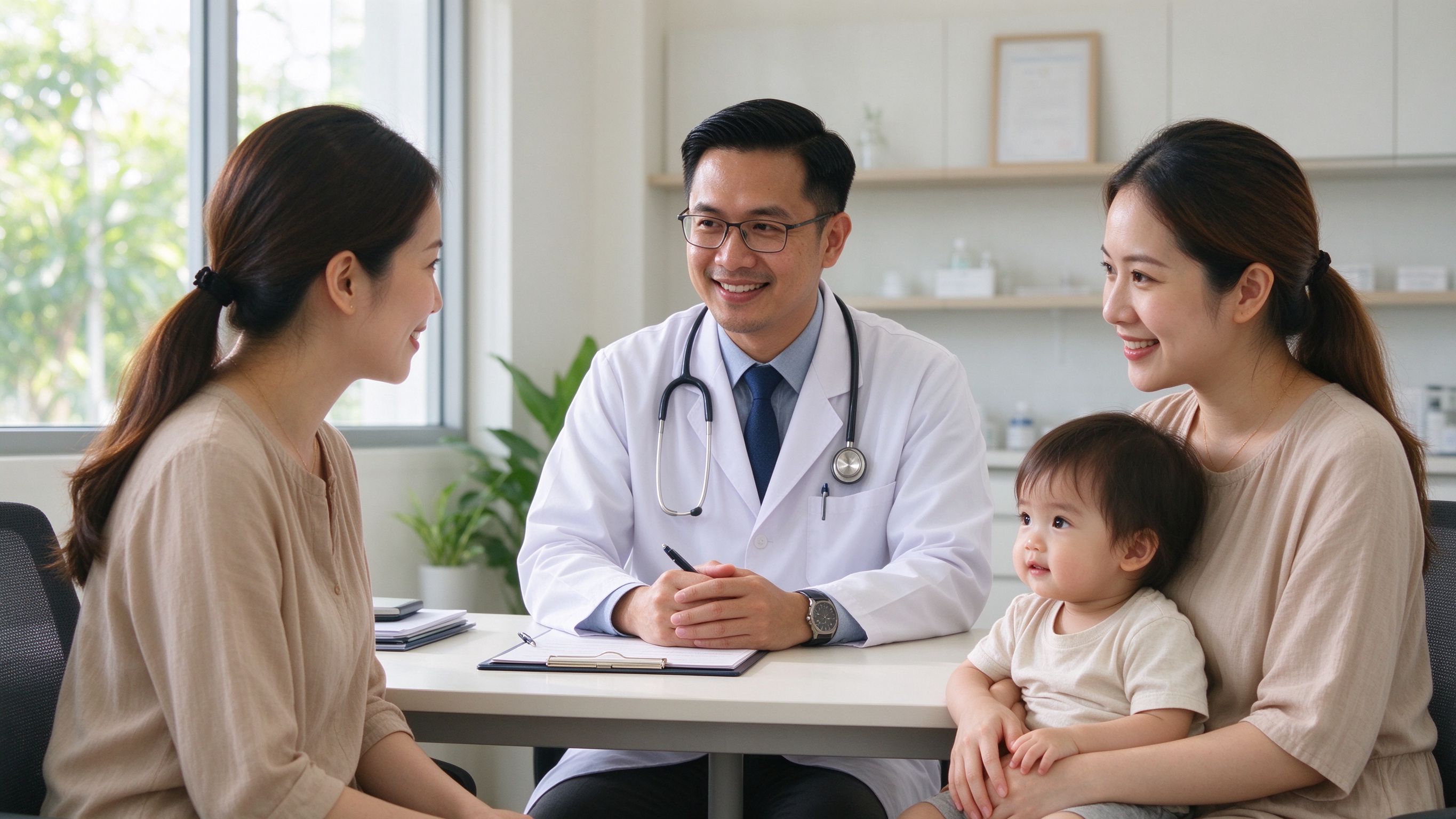 A Malaysian family doctor consulting a young mother and her child in a bright modern clinic