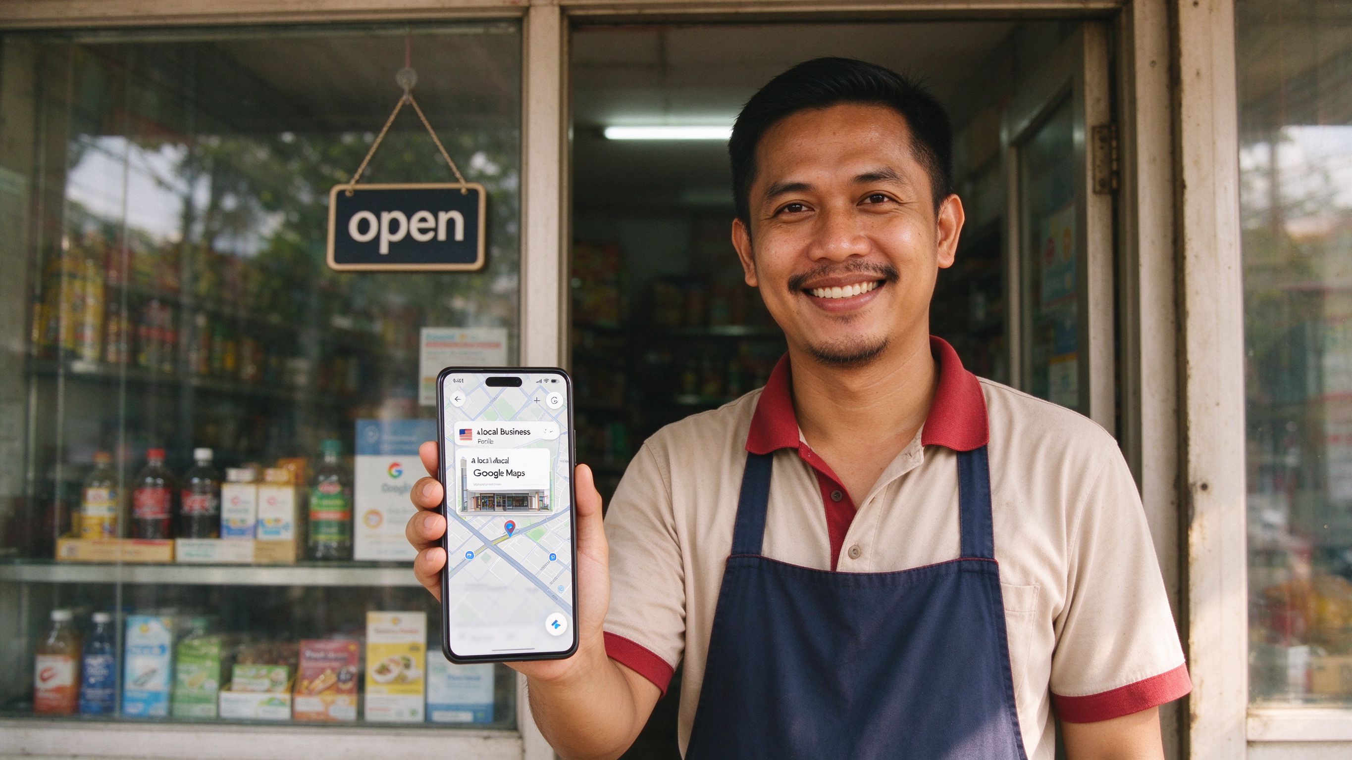 A smiling shop owner holding up a phone showing their Google Maps listing, representing local search visibility