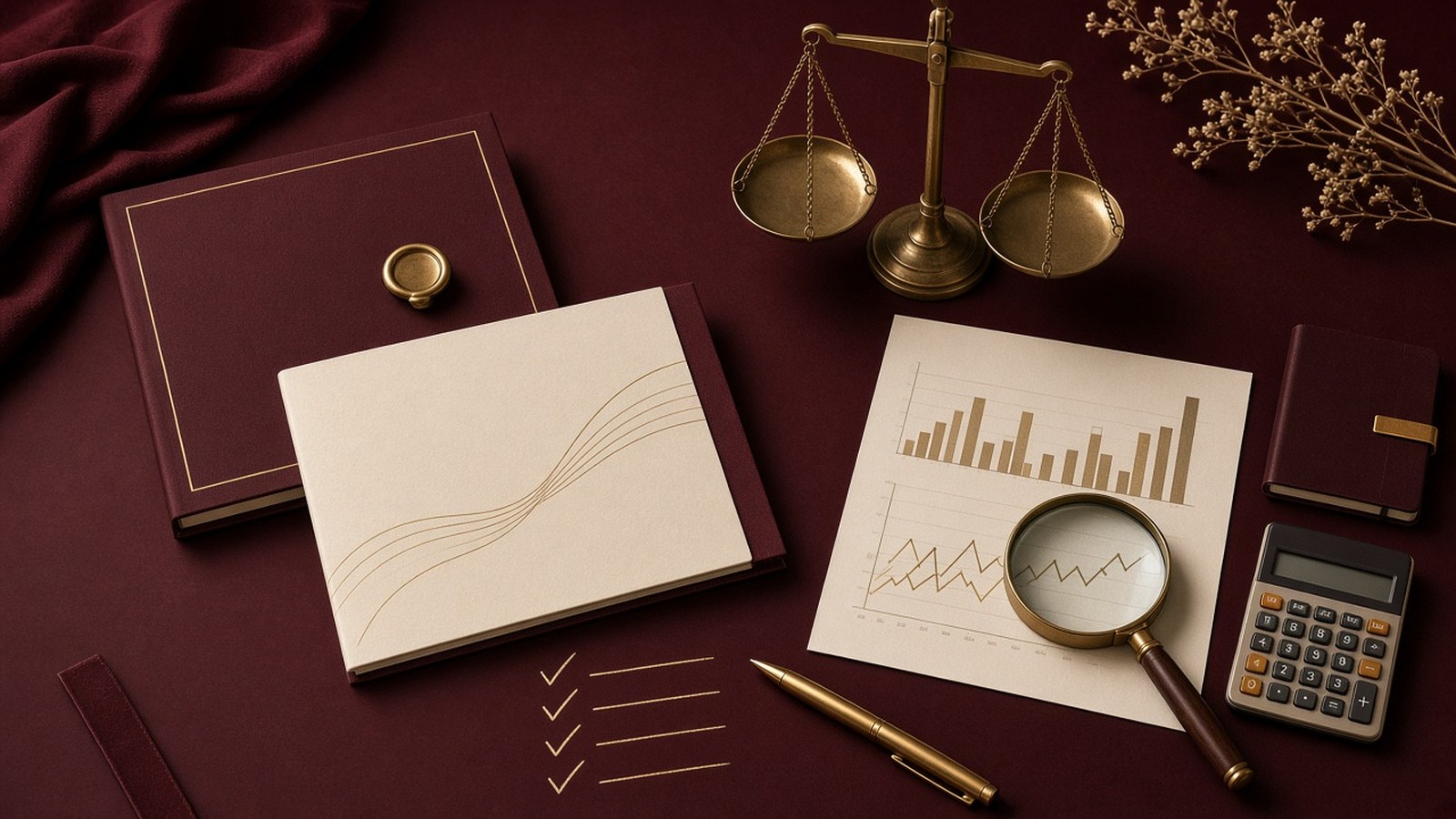 Editorial flat lay with agency proposals, analytics charts, a magnifying glass and balance scale, representing how to compare Google Ads agencies
