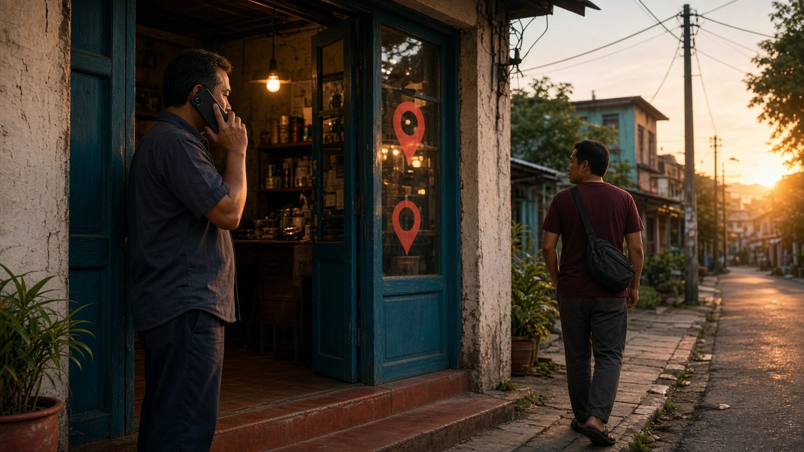 A Malaysian local business owner answering a customer call outside a neighbourhood shop at sunset, representing local Google Ads generating enquiries