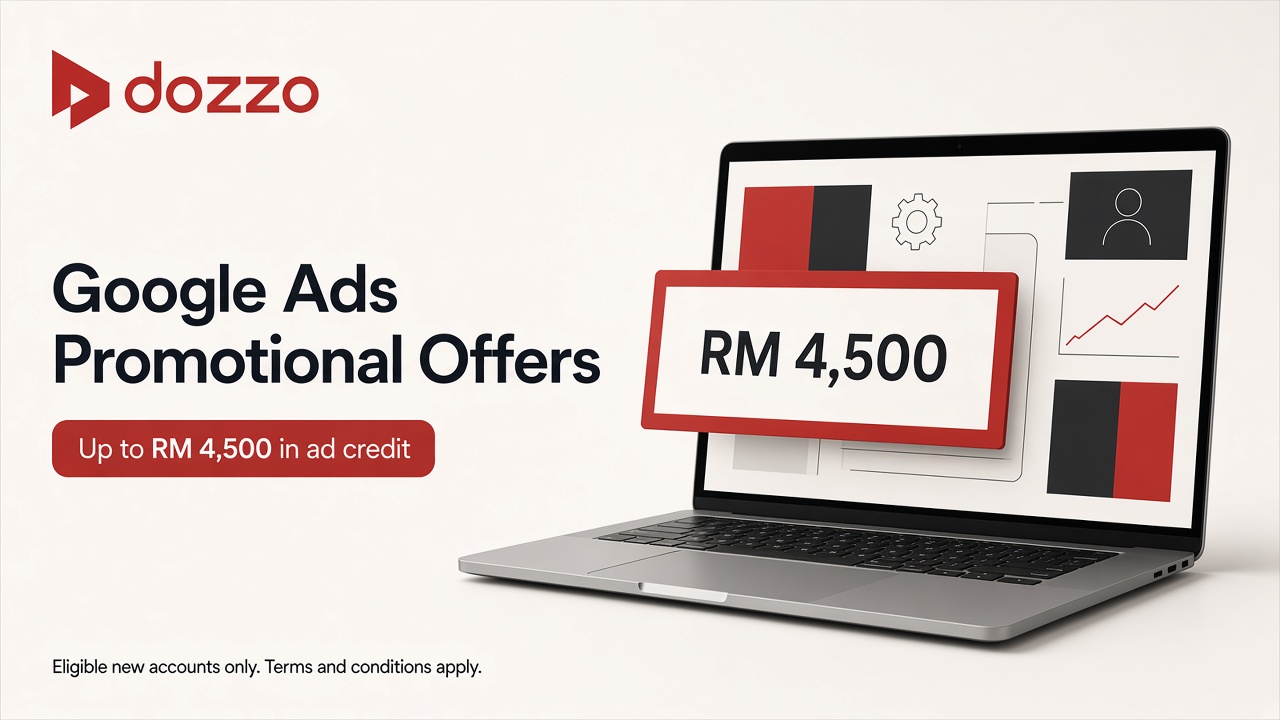 Dozzo Google Ads promotional offers graphic — up to RM 4,500 in ad credit for eligible new accounts; terms and conditions apply