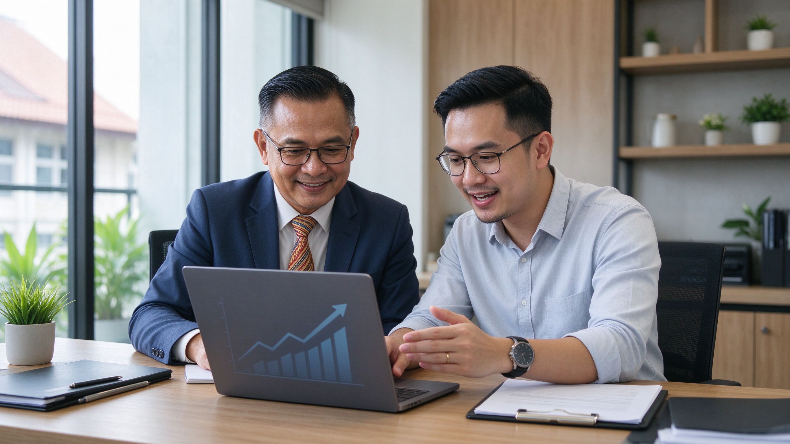 A friendly marketing consultant explaining a rising results chart to a Malaysian business owner in a bright modern office