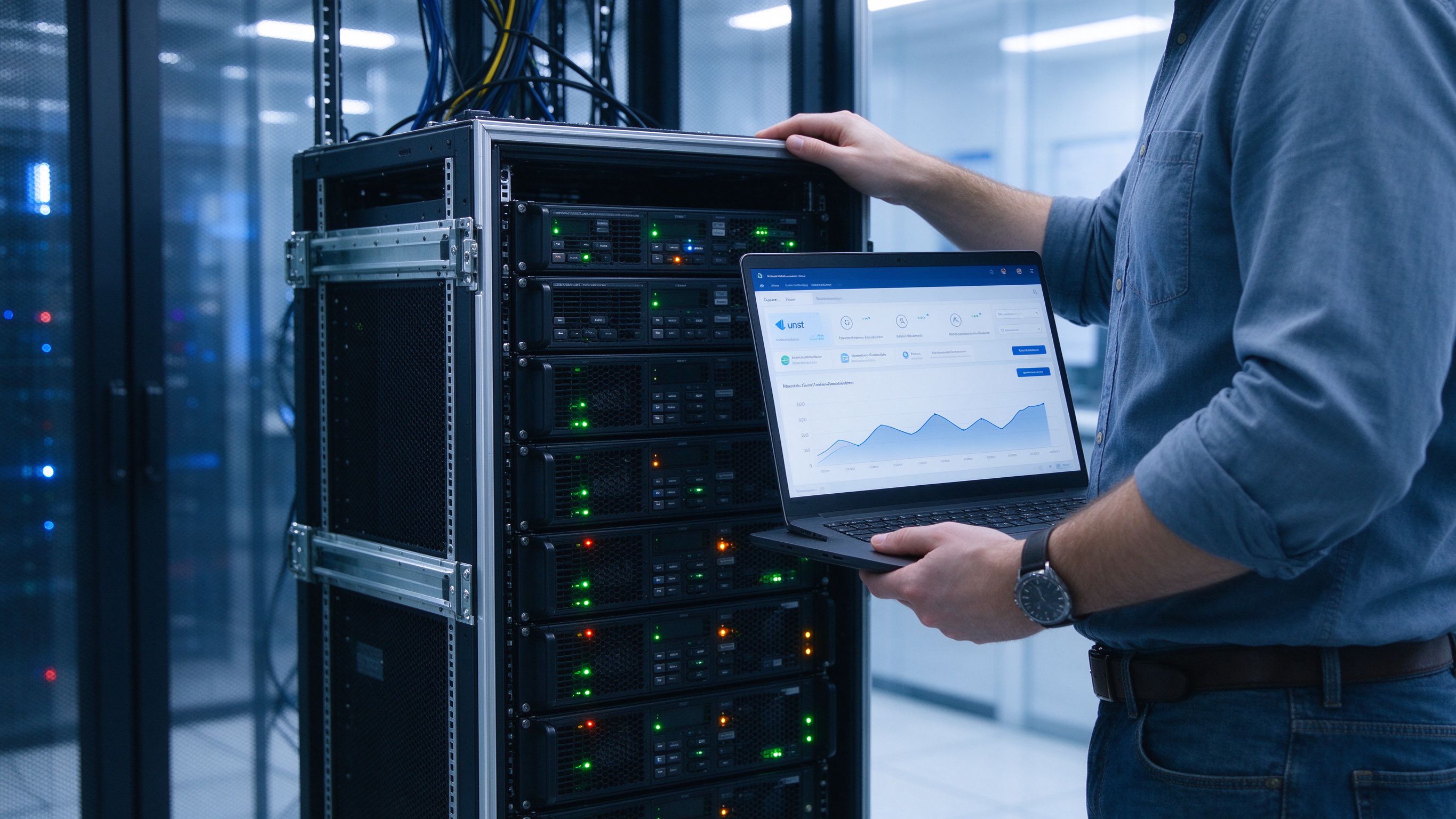A developer with a laptop checking a hosting dashboard beside a rack of servers in a data centre