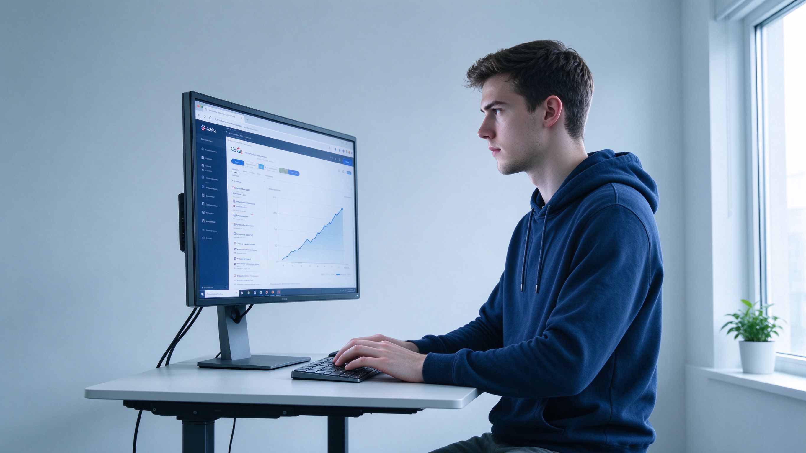 A young man learning SEO at a standing desk with a large monitor showing search results and a growth chart