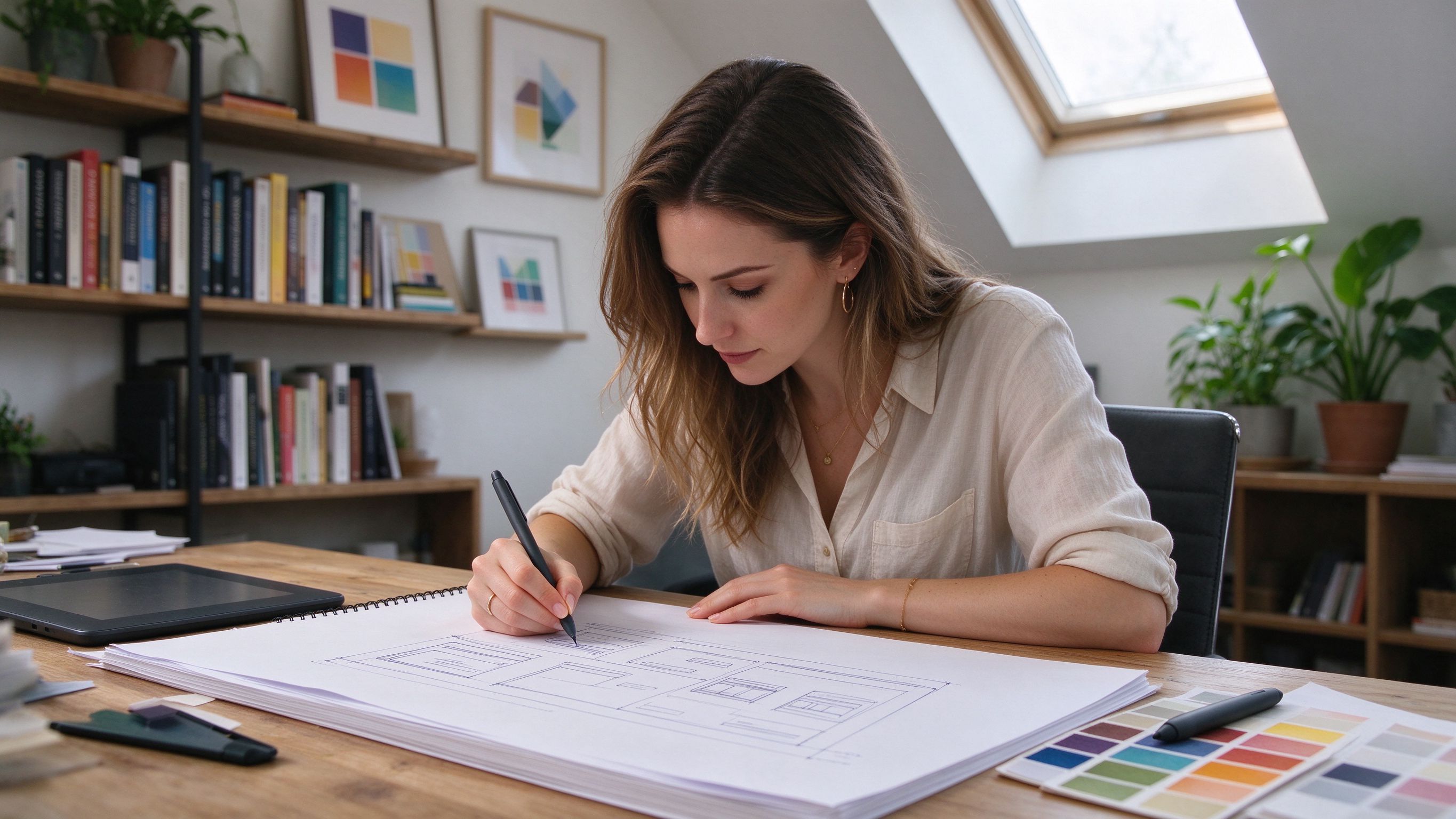 A web designer sketching a website wireframe in a bright creative studio, representing website project planning
